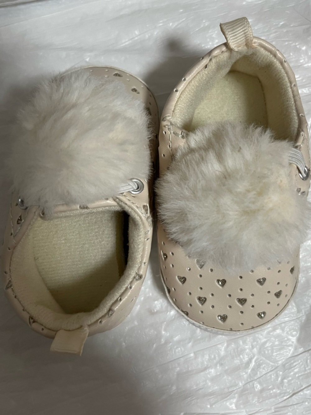 Kids Cream Pom Pom Heart-Accent Slip-On Shoes